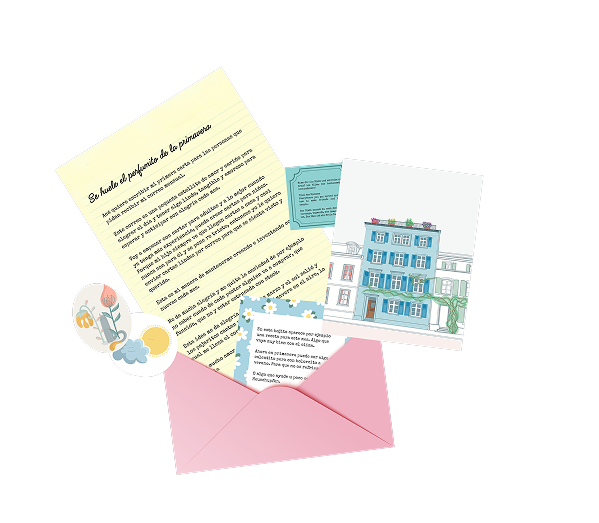 A handwritten letter, an art print, stickers and a pink envelope